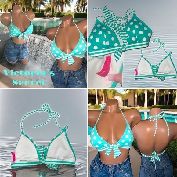 VS Swimwear l Turquoise & White Polka-dotted Bikini Top l Tie Back l SP l EUC - Picture 6 of 9